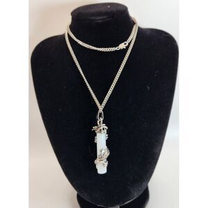 Stainless Steel Necklace Silver Dragon Wrap‎ Around Clear Crystal Stone Pendant